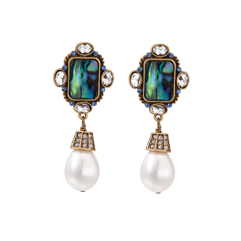 Ornate gold-plated drop earrings with rectangular abalone shell centers, crystal accents, and baroque pearl drops