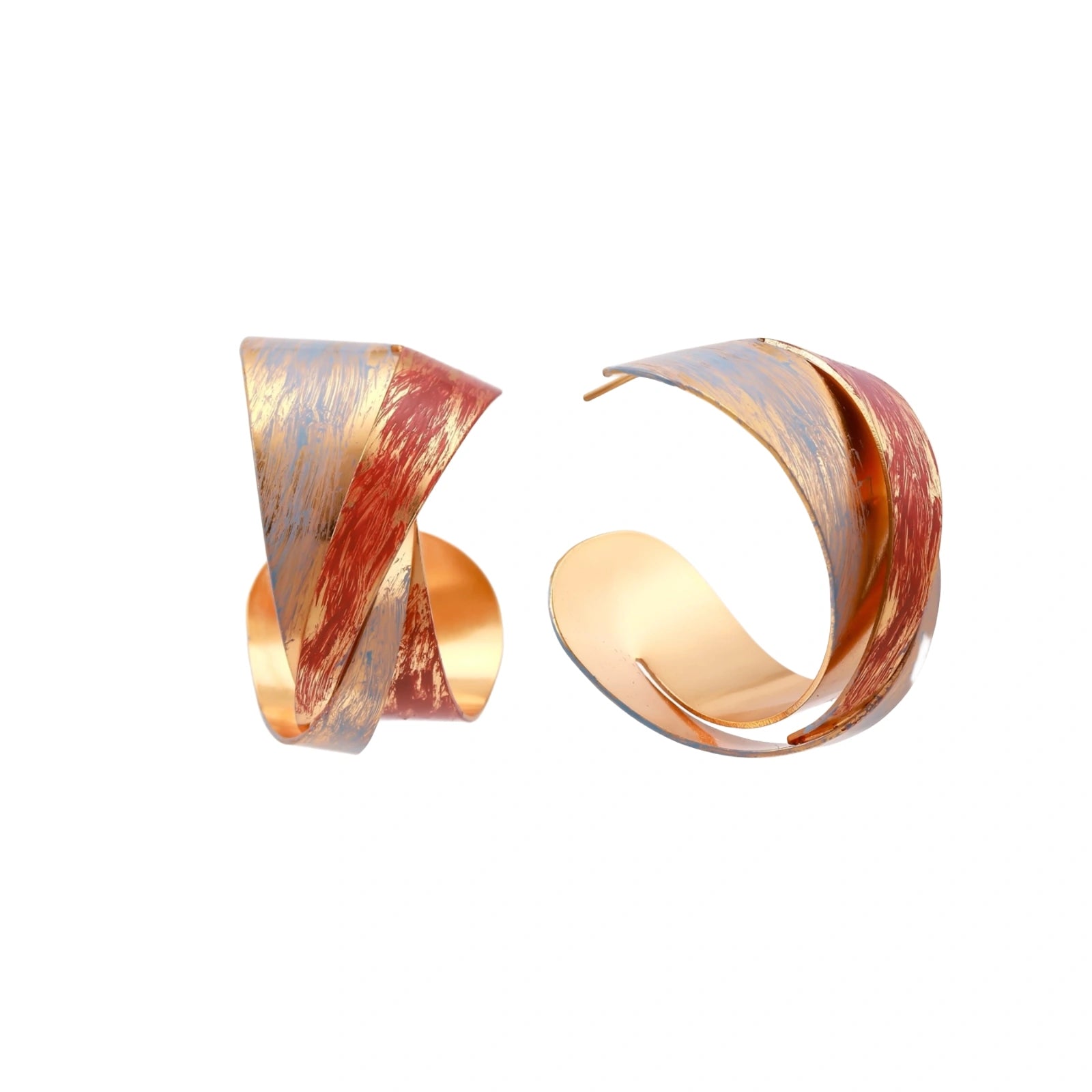 Sculptural gold-plated hoop earrings with diagonal purple and coral enamel stripes in twisted ribbon design