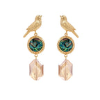 Gold-plated bird stud earrings with iridescent abalone shell medallions and champagne crystal drops on cream background