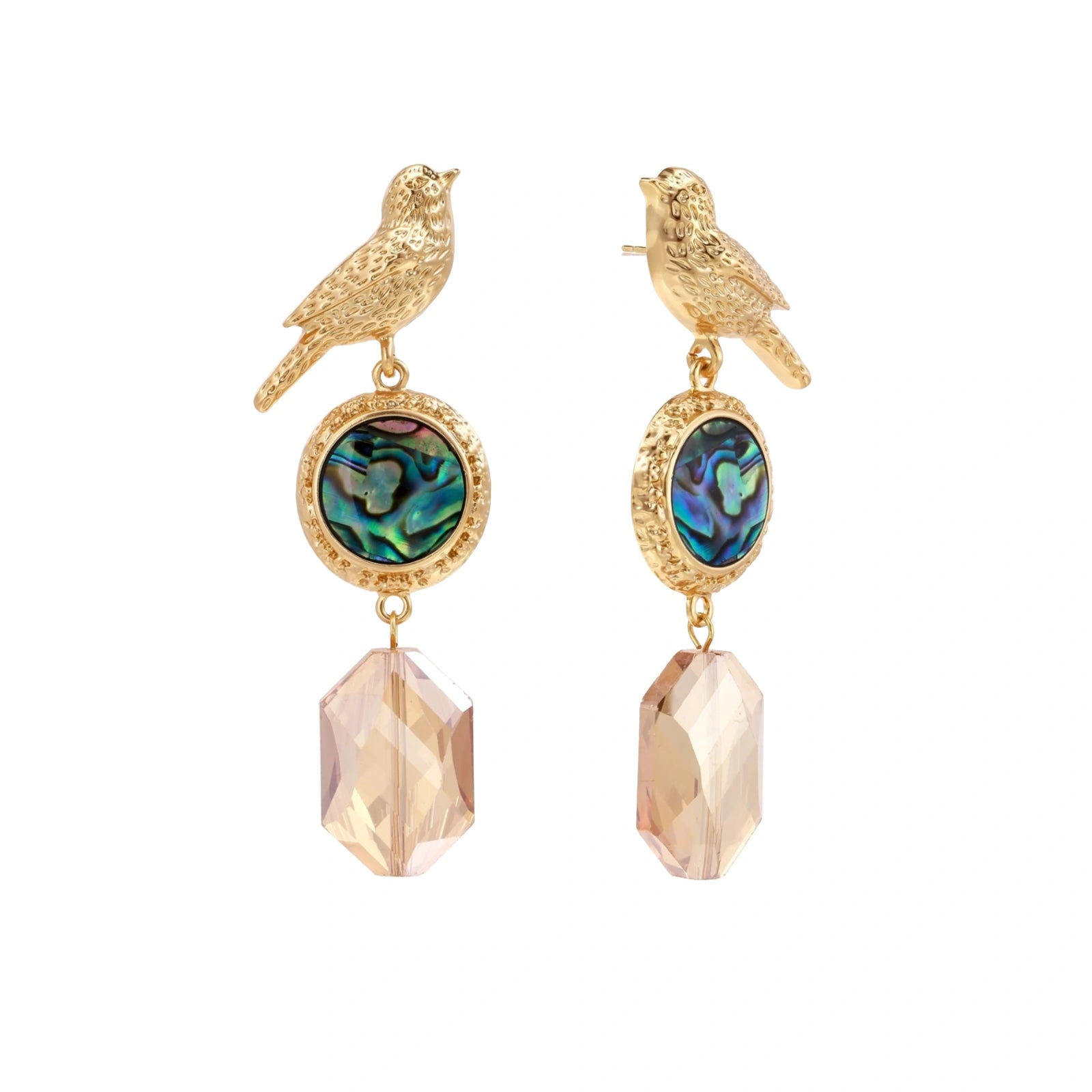 Gold-plated bird stud earrings with iridescent abalone shell medallions and champagne crystal drops on cream background