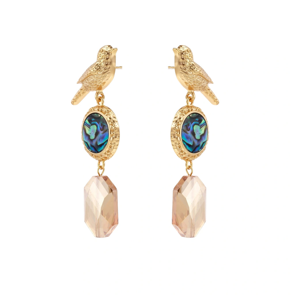 Gold-plated bird stud earrings with iridescent abalone shell medallions and champagne crystal drops on cream background