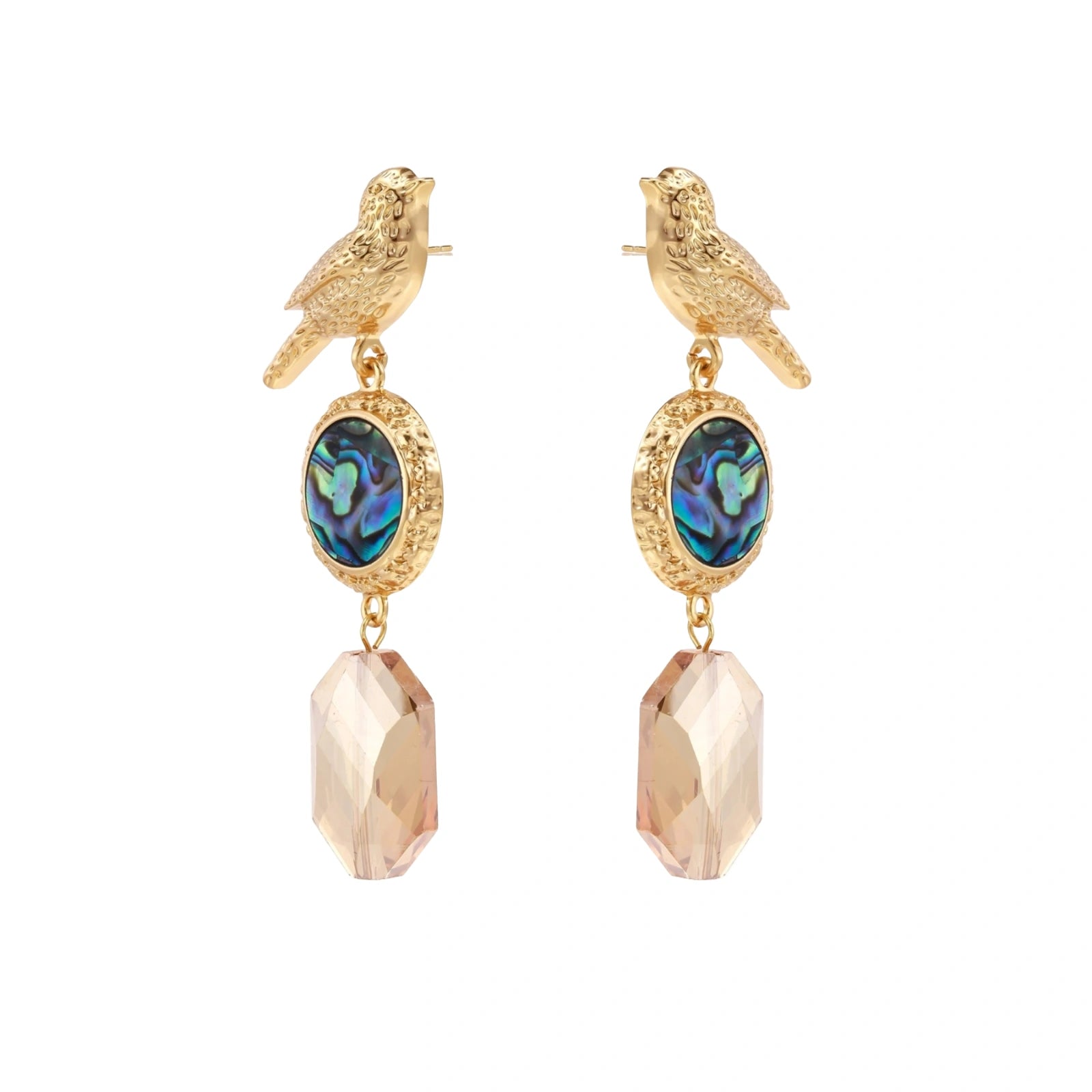 Gold-plated bird stud earrings with iridescent abalone shell medallions and champagne crystal drops on cream background
