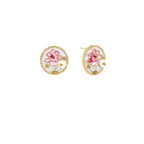 Gold-rimmed circular stud earrings with hand-painted pink peony enamel and pearl accents on white background