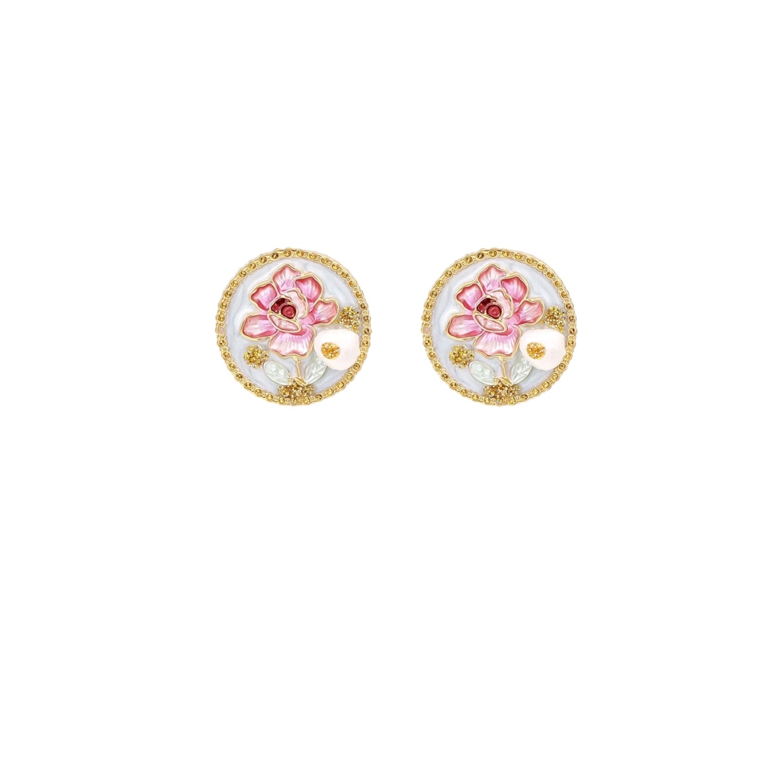 Gold-rimmed circular stud earrings with hand-painted pink peony enamel and pearl accents on white background