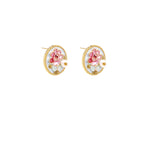 Gold-rimmed circular stud earrings with hand-painted pink peony enamel and pearl accents on white background