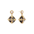 Gold-plated drop earrings with iridescent abalone shell and pearl studs in geometric cross design