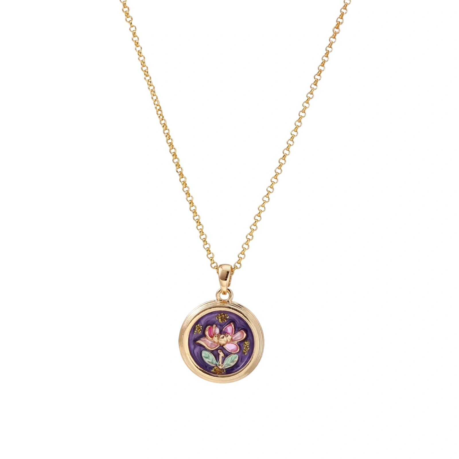 Gold-plated circular pendant with hand-painted purple enamel floral design on delicate chain against cream background