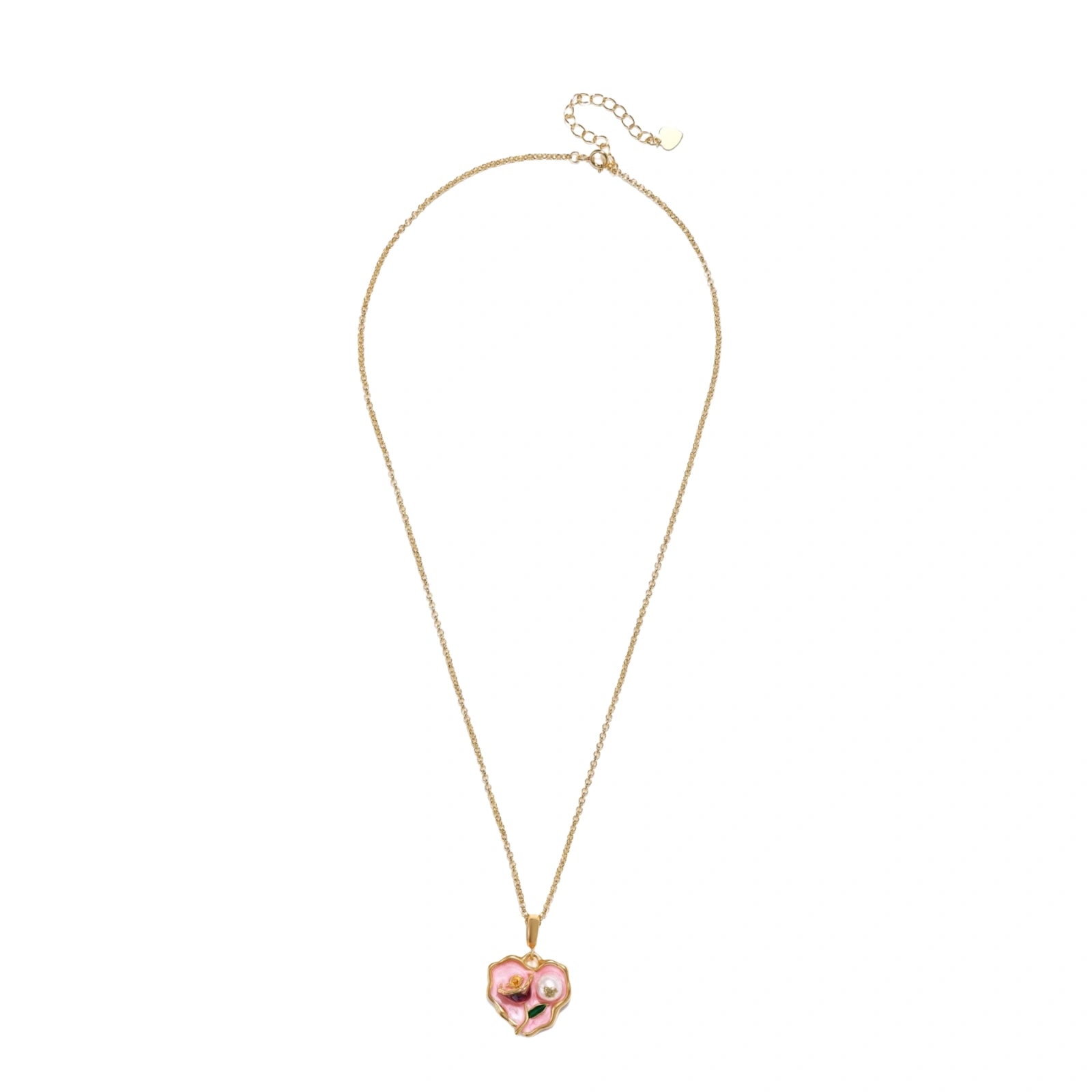 Heart-shaped pendant with pink enamel, rose design, freshwater pearl flower, and gold scalloped frame on delicate chain