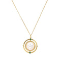 Gold pendant necklace with circular orbital design, iridescent mother-of-pearl center, and green zirconia accents