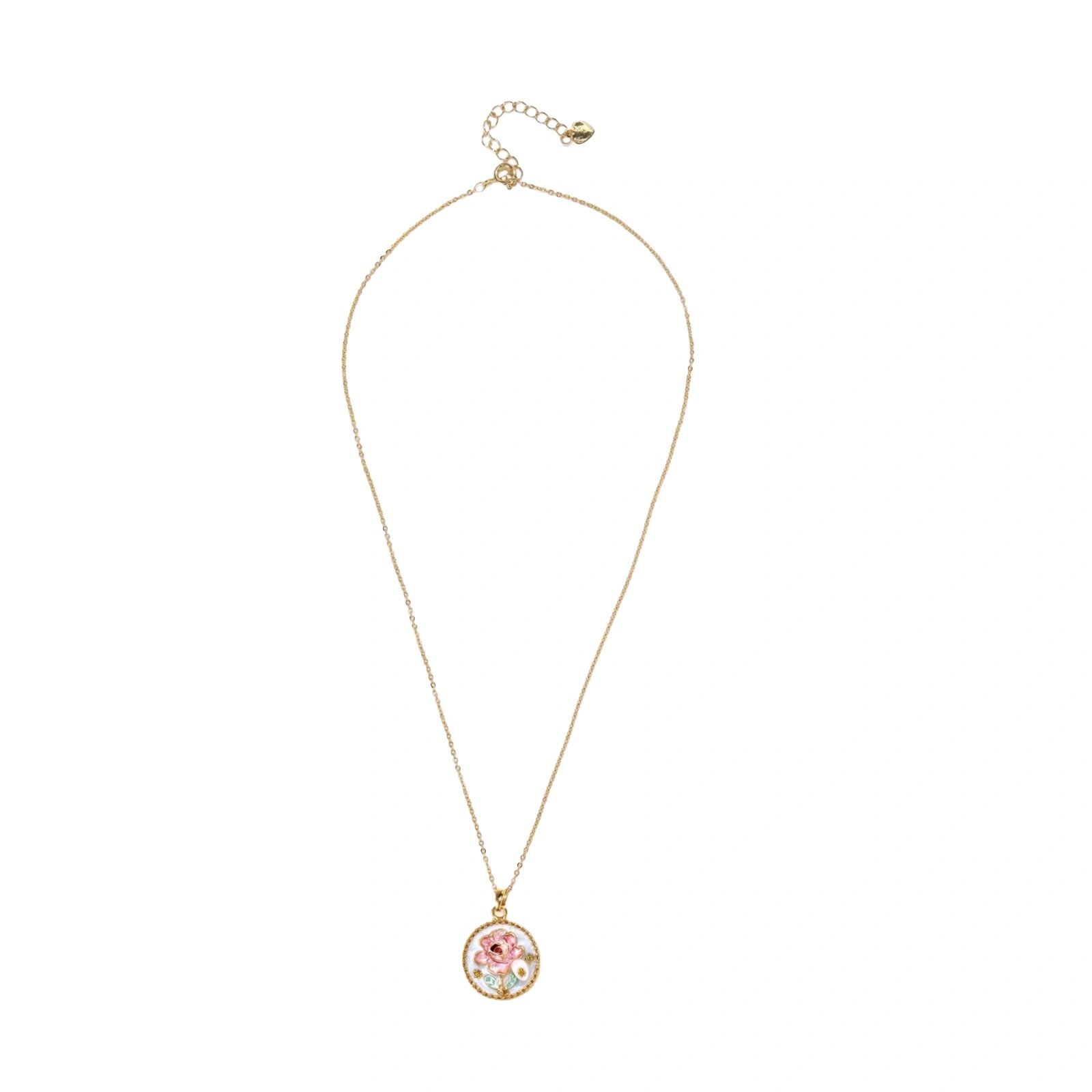 Gold-plated circular pendant with pink enamel rose, pearl background, and delicate beaded border on chain