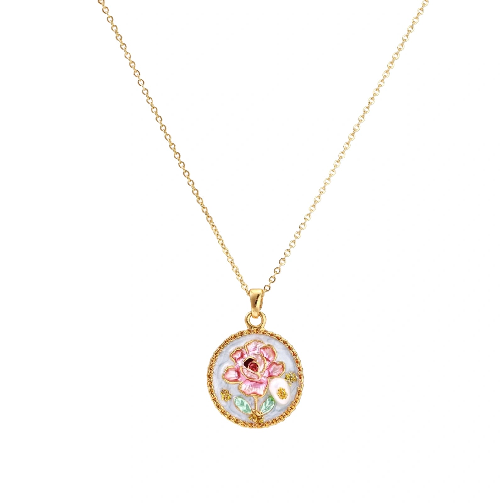 Gold-plated circular pendant with pink enamel rose, pearl background, and delicate beaded border on chain