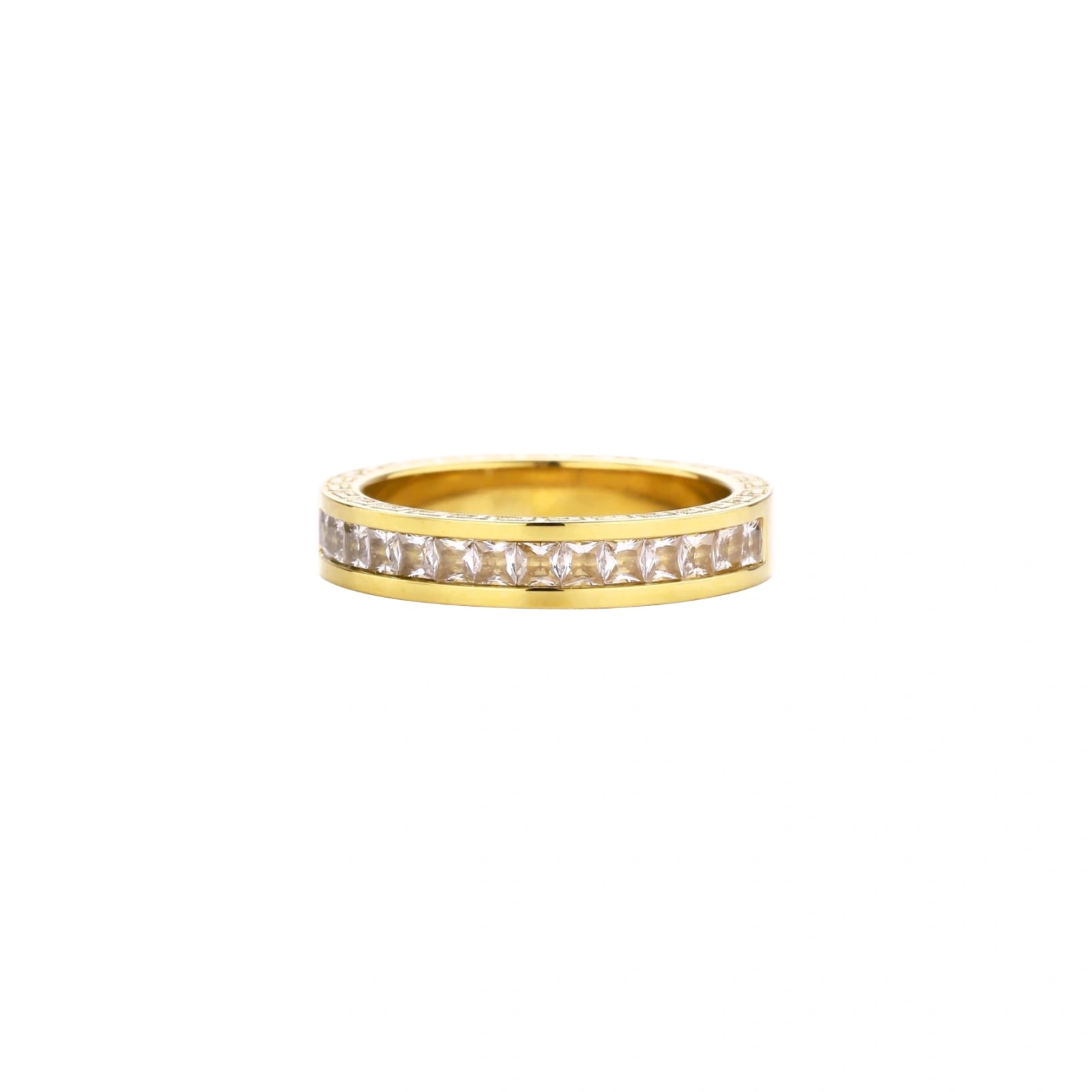 14K gold-plated band with channel-set zirconia and Greek key pattern engraving on polished finish
