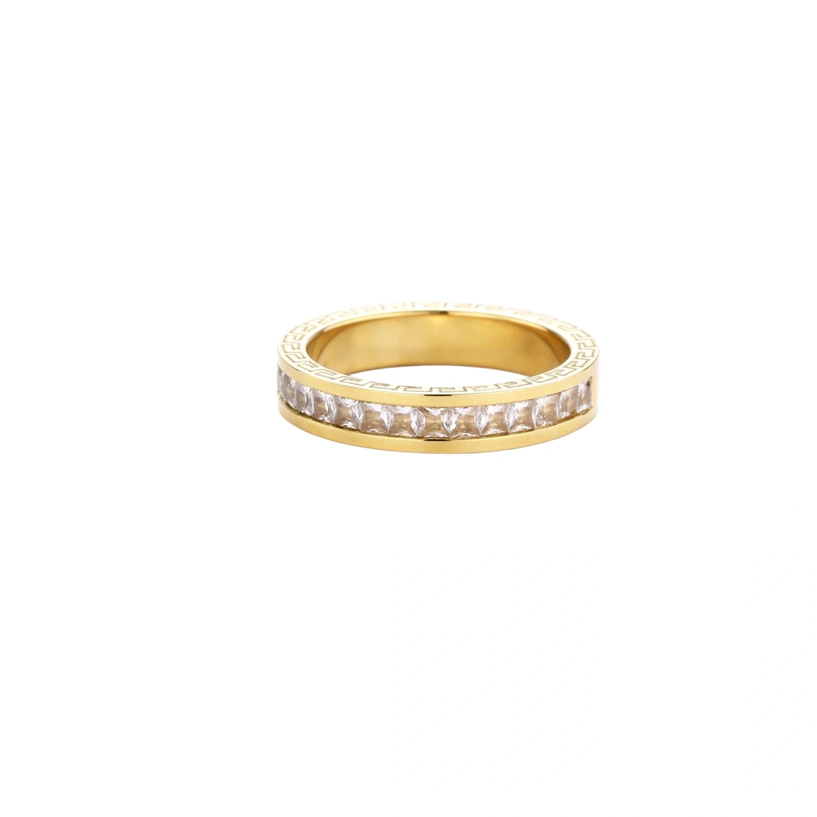 14K gold-plated band with channel-set zirconia and Greek key pattern engraving on polished finish