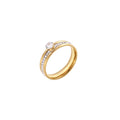 Gold-plated double-band ring with center rhinestone solitaire and channel-set stones on white background