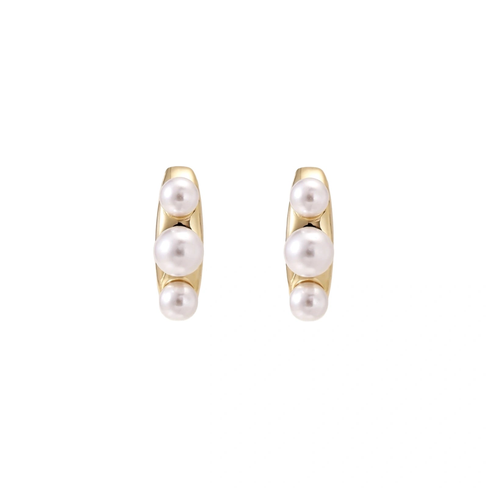 14K gold-plated curved stud earrings with three white freshwater pearls aligned vertically on cream background