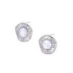 14K gold-plated stud earrings with freshwater pearl center surrounded by baguette-cut crystal halo in sunburst design