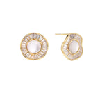 14K gold-plated stud earrings with freshwater pearl center surrounded by baguette-cut crystal halo in sunburst design