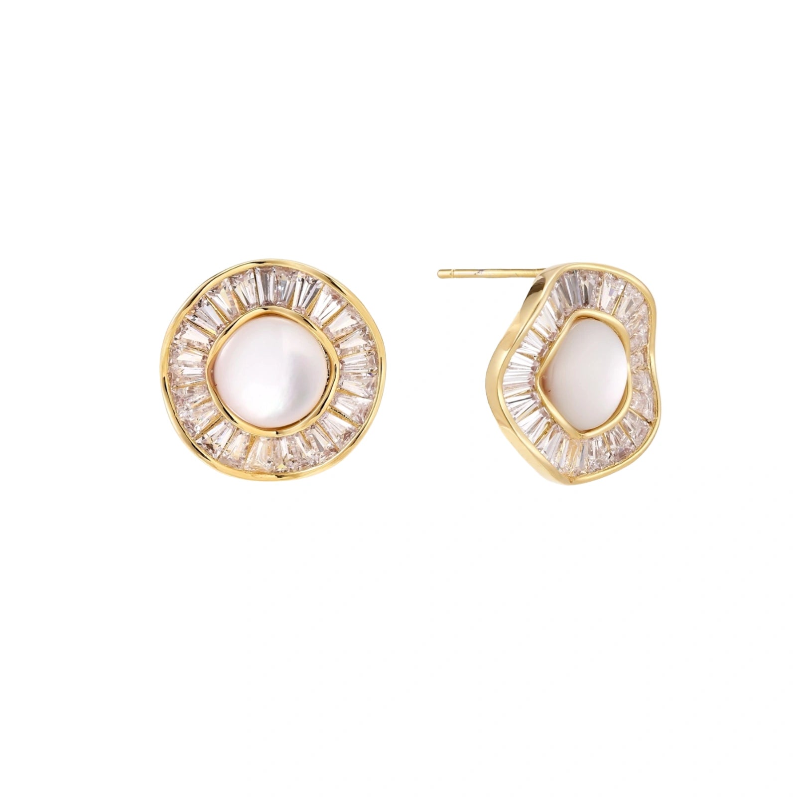 14K gold-plated stud earrings with freshwater pearl center surrounded by baguette-cut crystal halo in sunburst design