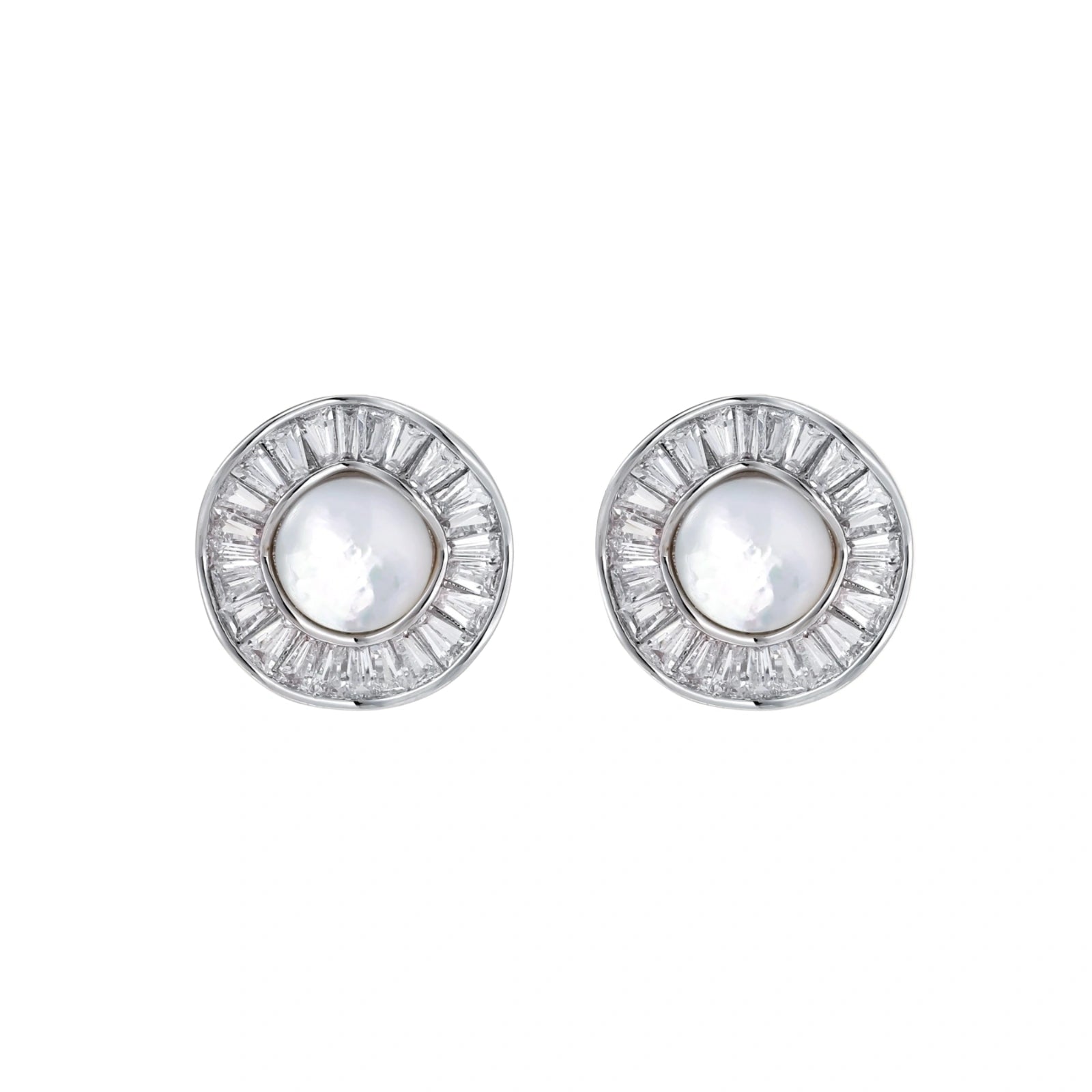 14K gold-plated stud earrings with freshwater pearl center surrounded by baguette-cut crystal halo in sunburst design