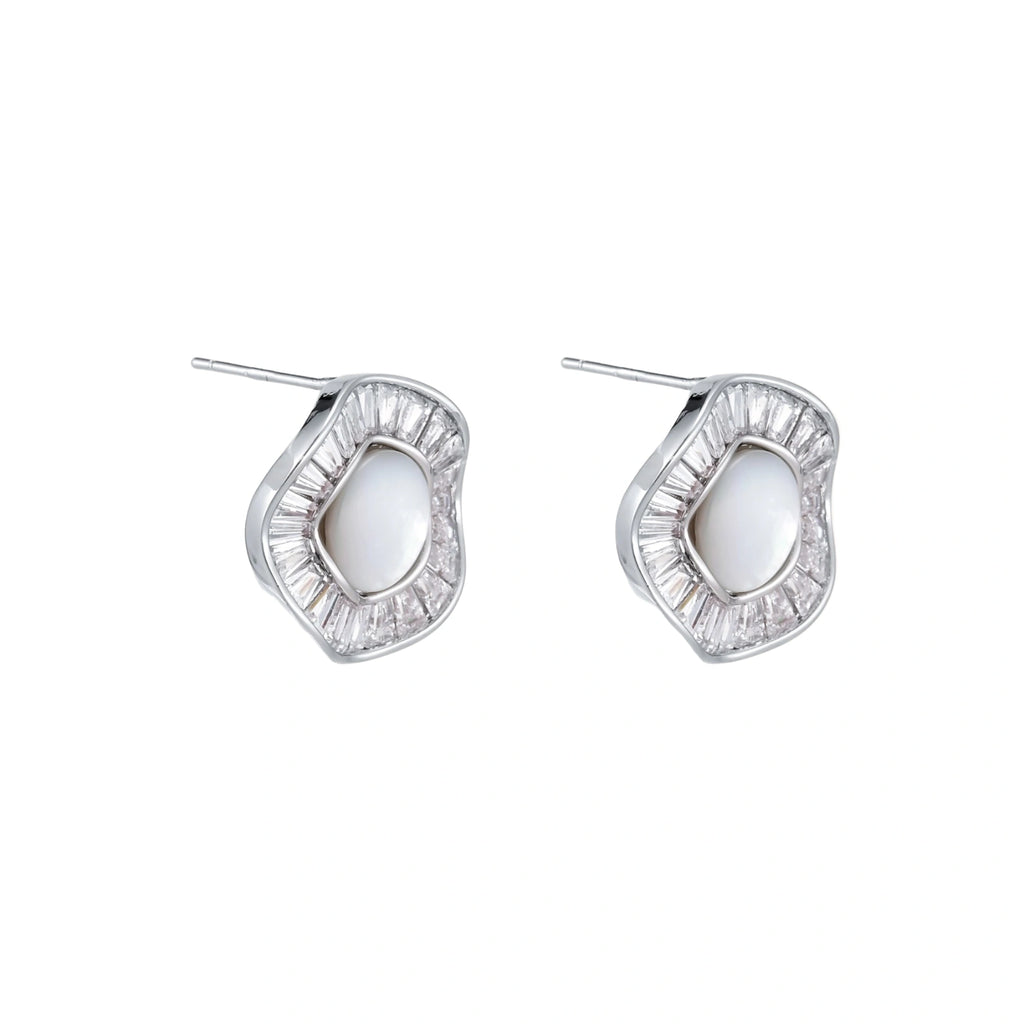 14K gold-plated stud earrings with freshwater pearl center surrounded by baguette-cut crystal halo in sunburst design