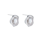 14K gold-plated stud earrings with freshwater pearl center surrounded by baguette-cut crystal halo in sunburst design