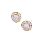 14K gold-plated stud earrings with freshwater pearl center surrounded by baguette-cut crystal halo in sunburst design