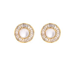 14K gold-plated stud earrings with freshwater pearl center surrounded by baguette-cut crystal halo in sunburst design