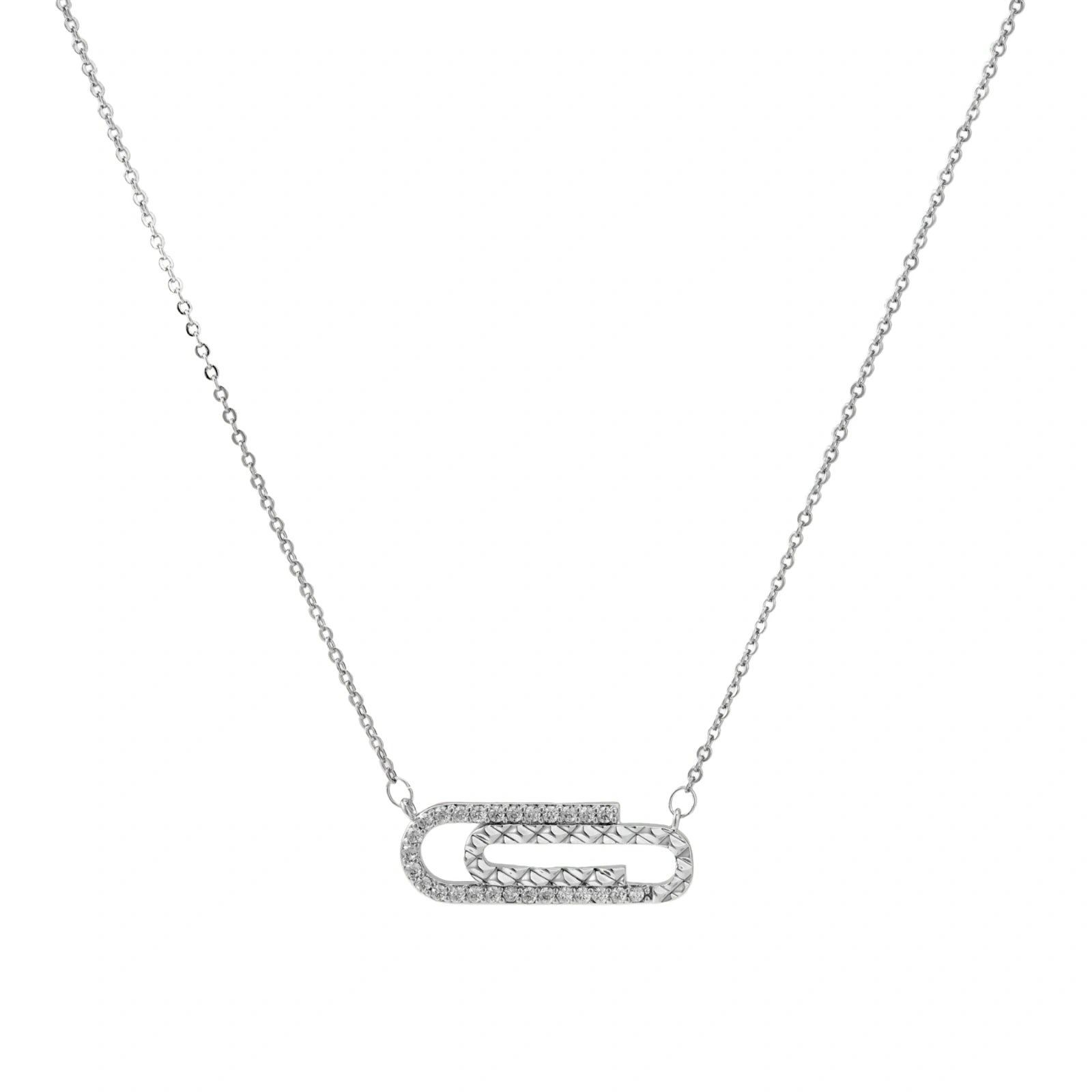 White gold plated necklace with dual-frame geometric pendant featuring crystal pavé border on pale background.