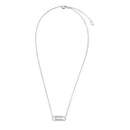 White gold plated necklace with dual-frame geometric pendant featuring crystal pavé border on pale background.