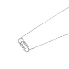 White gold plated necklace with dual-frame geometric pendant featuring crystal pavé border on pale background.