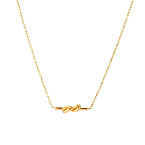Dainty 18K gold plated necklace with infinity knot pendant on delicate chain against white background