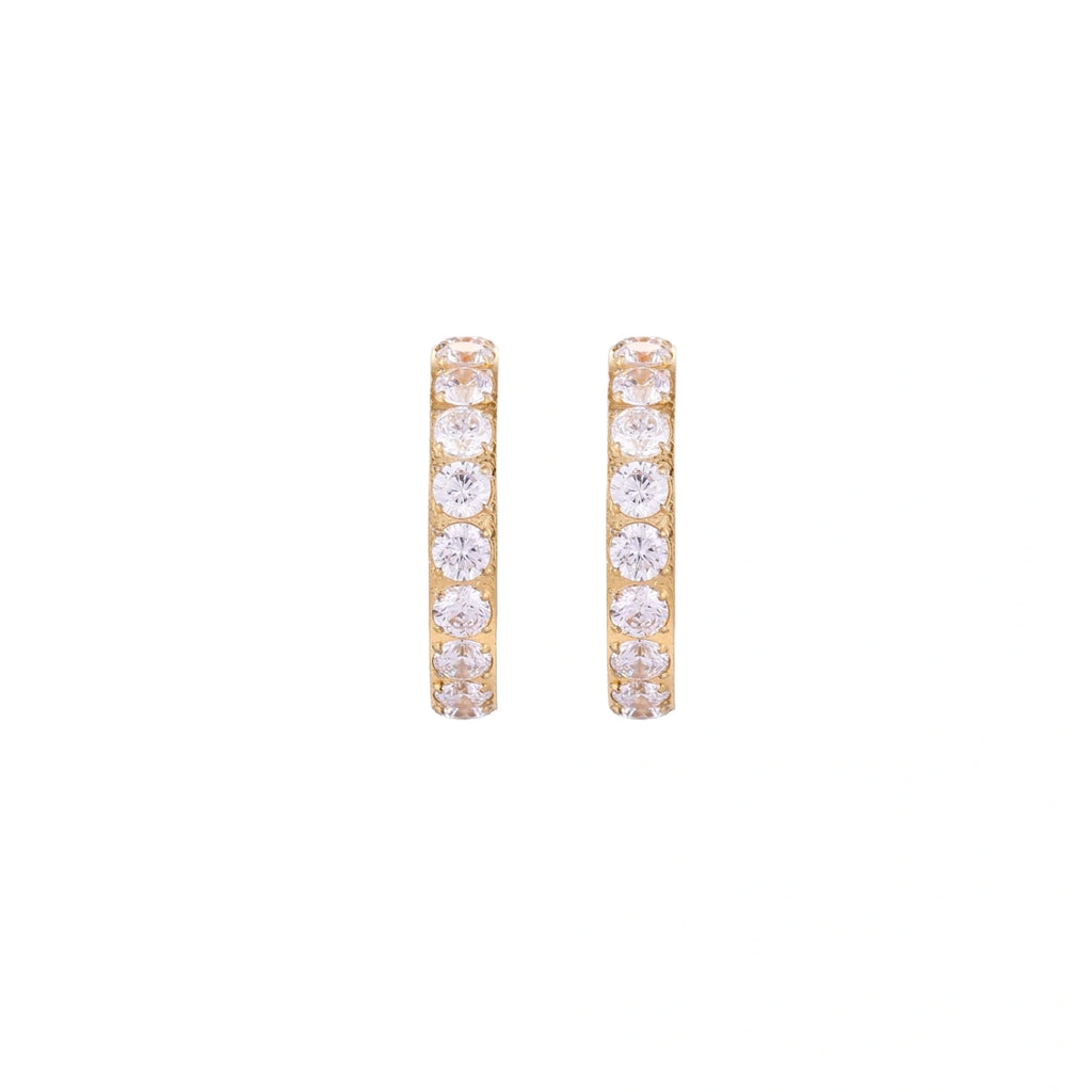 Gold pavé hoop earrings with two freshwater pearls nestled inside the curved design, featuring crystal-studded outer edge.