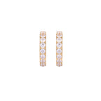 Gold pavé hoop earrings with two freshwater pearls nestled inside the curved design, featuring crystal-studded outer edge.