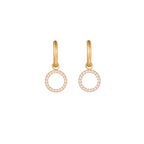 Gold-plated huggie hoop earrings with CZ-studded open circle charms on beige background