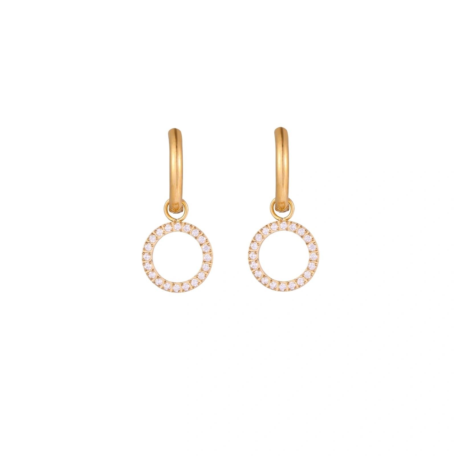 Gold-plated huggie hoop earrings with CZ-studded open circle charms on beige background