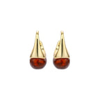 Modern drop earrings with curved gold-plated copper tops and amber resin bottoms creating an organic teardrop silhouette.