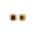 Gold-plated octagonal stud earrings with brown tiger's eye centers and cubic zirconia border on cream background.