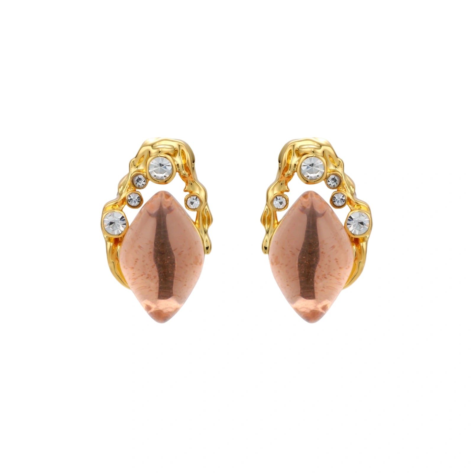 Gold-plated baroque stud earrings with coral-pink liuli stones and cubic zirconia crystals on white background.