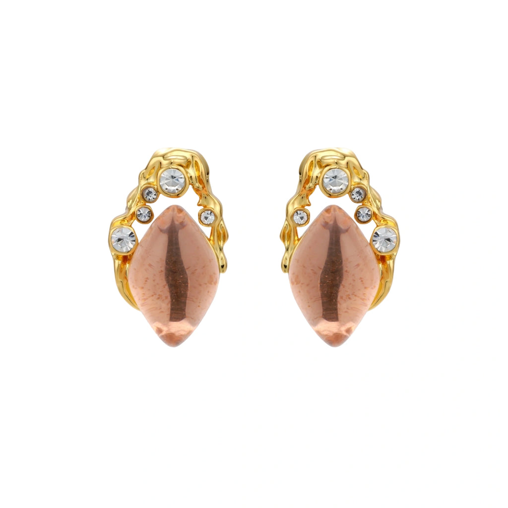 Gold-plated baroque stud earrings with coral-pink liuli stones and cubic zirconia crystals on white background.
