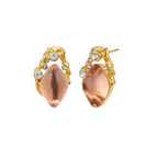 Gold-plated baroque stud earrings with coral-pink liuli stones and cubic zirconia crystals on white background.