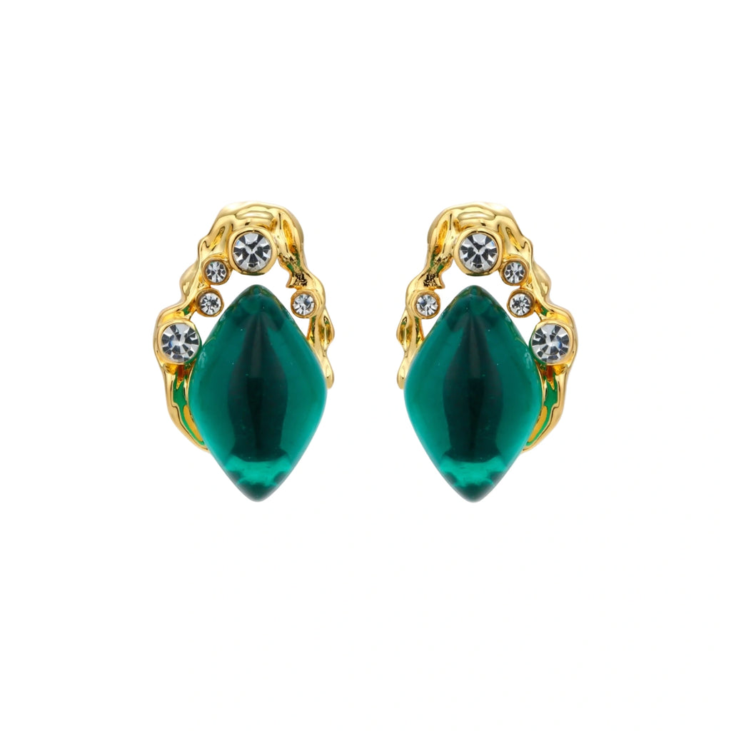 Gold-plated stud earrings featuring teardrop emerald green liuli stones with cubic zirconia crystal accents on white background.
