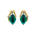 Gold-plated stud earrings featuring teardrop emerald green liuli stones with cubic zirconia crystal accents on white background.