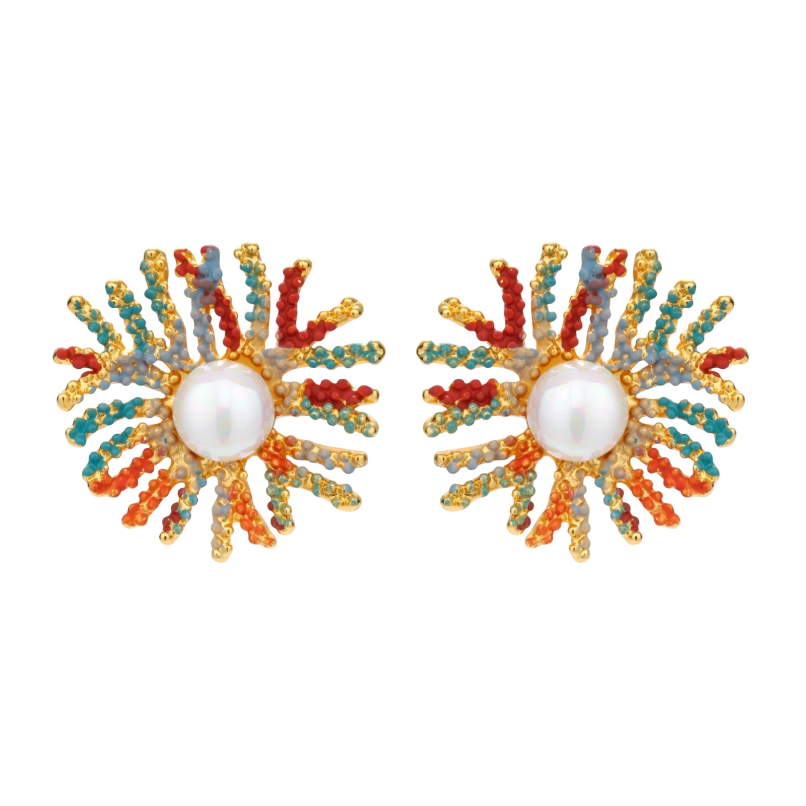 Vibrant starburst stud earrings with multicolor enamel rays and white pearl centers on gold-plated setting