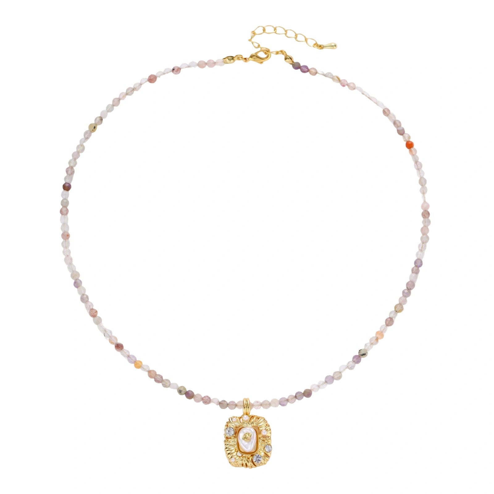 Ornate gold-plated pendant necklace with multicolored gemstone beads in purple, pink and clear tones on white background