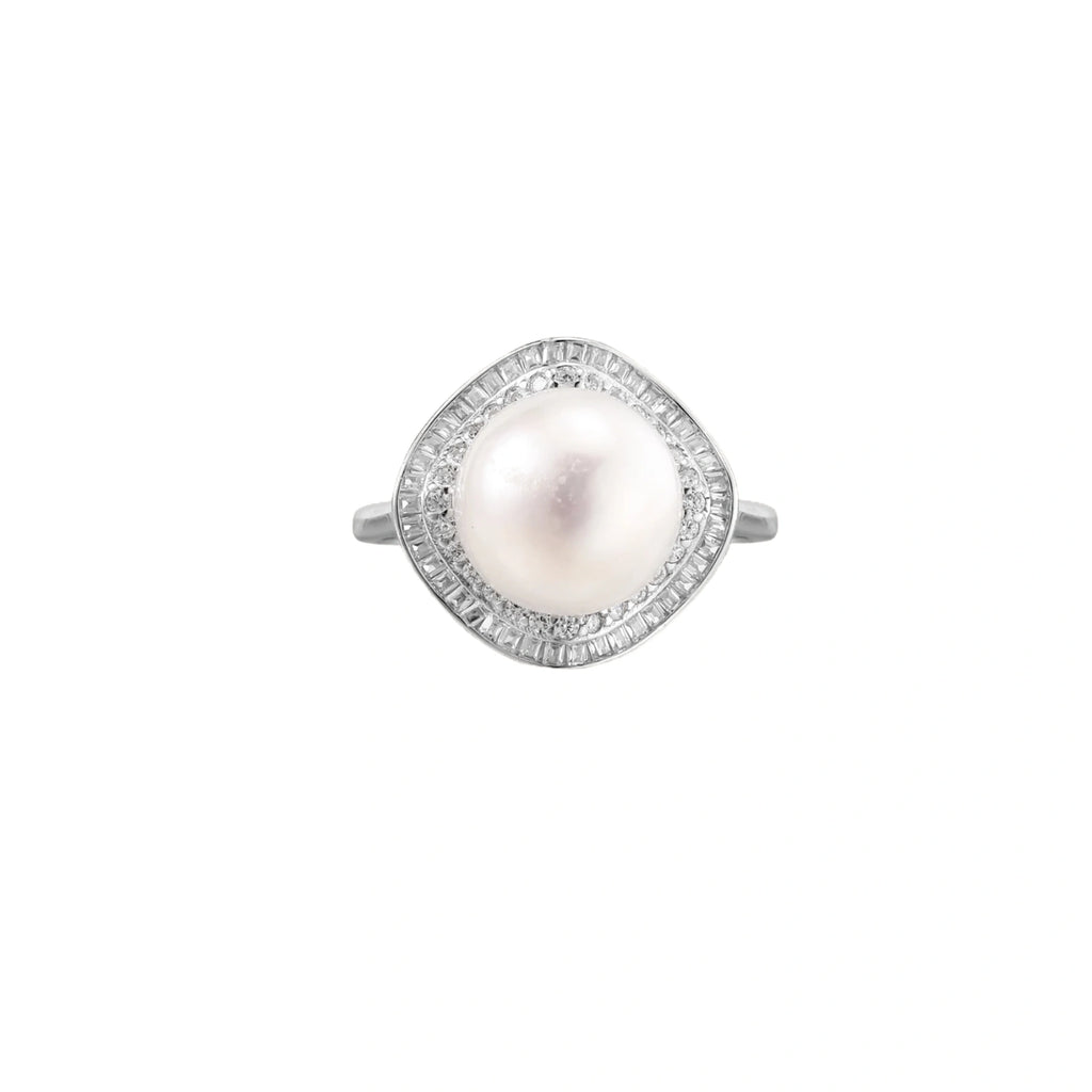 Rhodium-plated silver ring with round pearl center, double halo of baguette and round crystals forming cushion shape