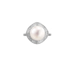 Rhodium-plated silver ring with round pearl center, double halo of baguette and round crystals forming cushion shape