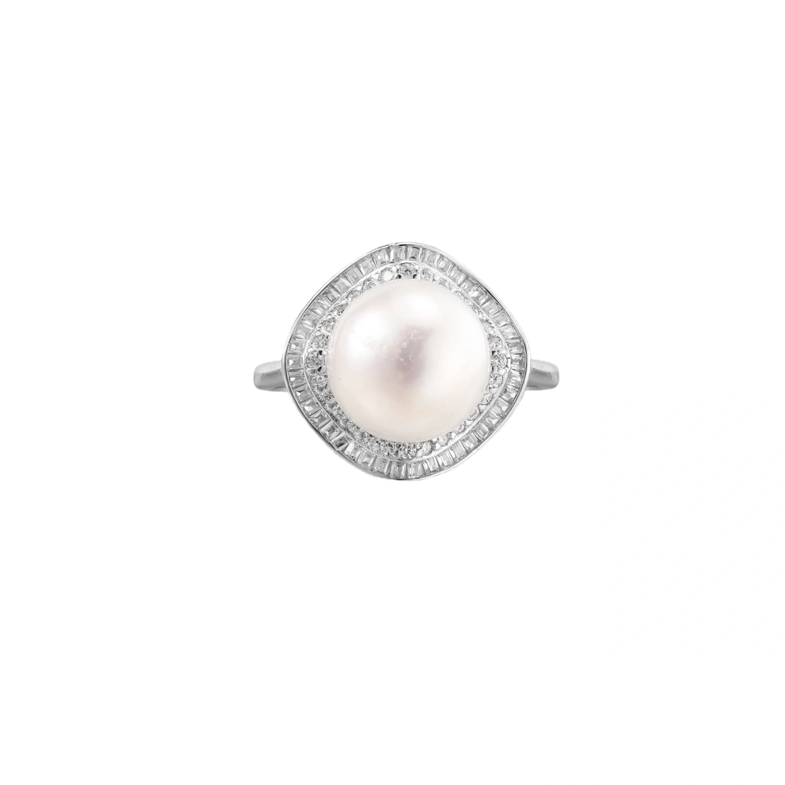 Rhodium-plated silver ring with round pearl center, double halo of baguette and round crystals forming cushion shape