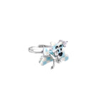 Adjustable white gold-plated ring with 3D blue enamel puppy wearing crystal crown on beige background