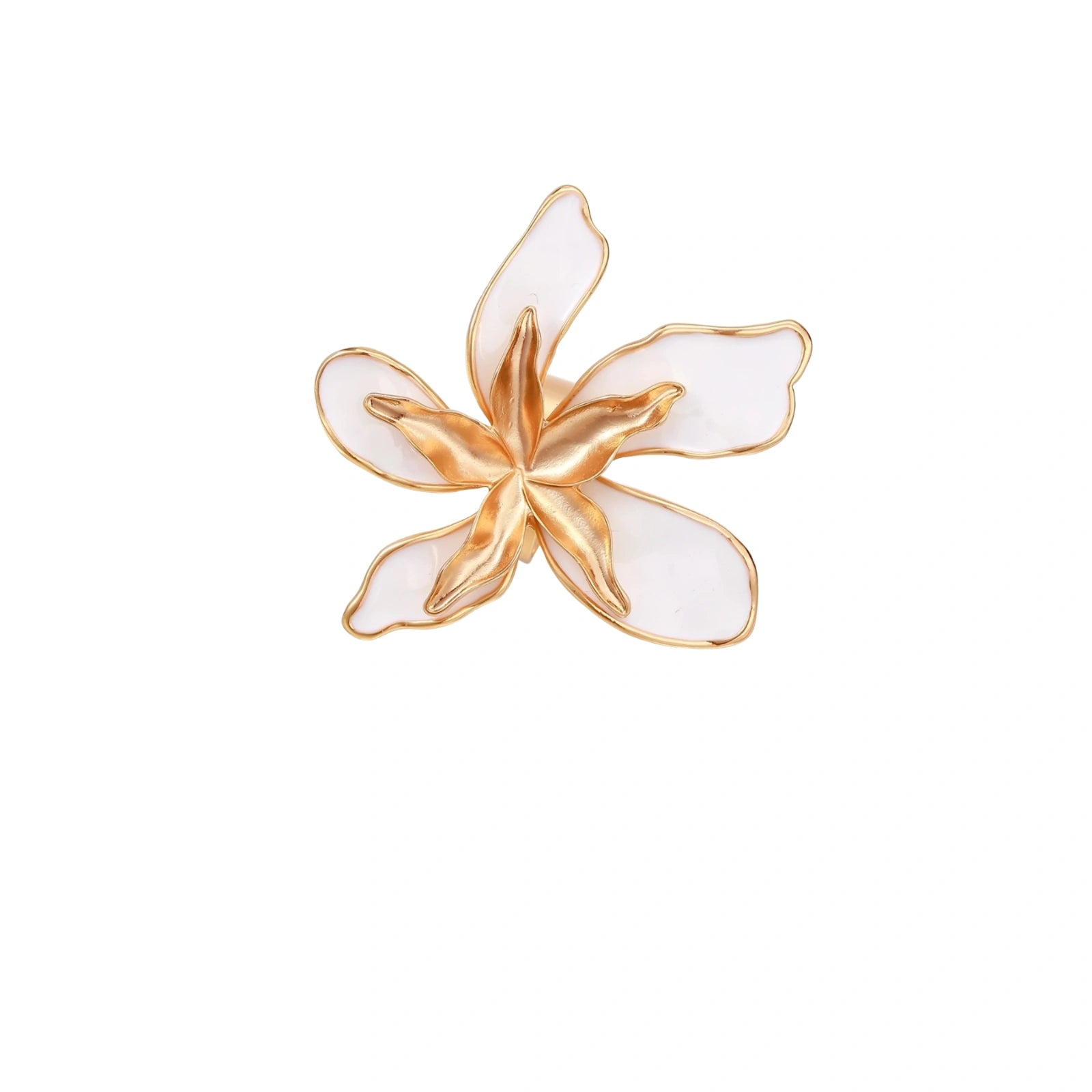 Gold-plated sculptural ring featuring white enamel petals forming an oversized lily bloom on adjustable band