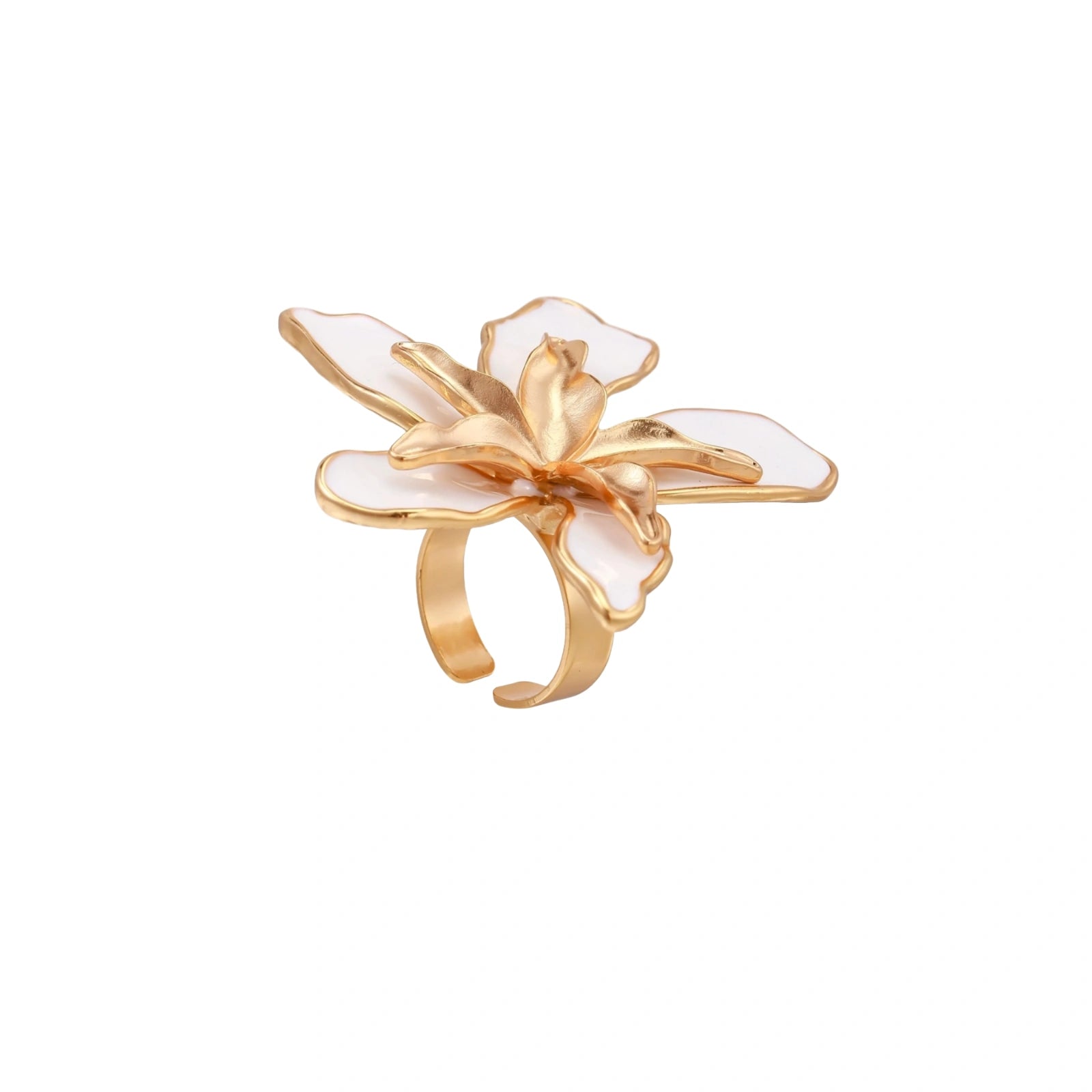 Gold-plated sculptural ring featuring white enamel petals forming an oversized lily bloom on adjustable band